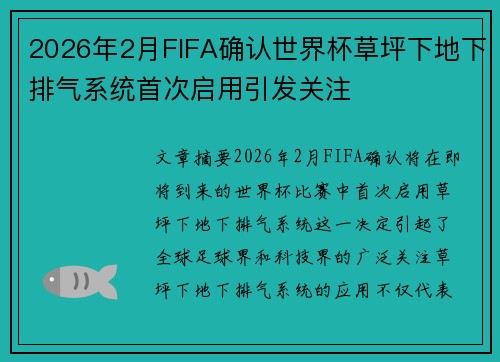 2026年2月FIFA确认世界杯草坪下地下排气系统首次启用引发关注